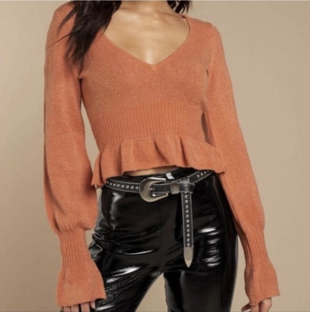 For Love & Lemons Knitz Burnt Orange Cropped Peplum Sweater